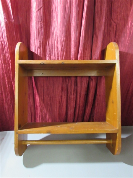 WOOD WALL SHELF & SILK FLORAL ARRANGEMENTS