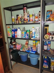 METAL SHELF UNIT WITH CLEANERS & MORE