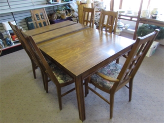 WOOD DINING ROOM TABLE AND CHAIRS