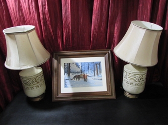TWO TABLE LAMPS & FRAMED PRINT