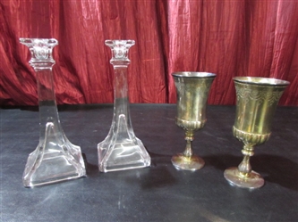 CRYSTAL CANDLESTICKS AND SILVER PLATED GOBLETS