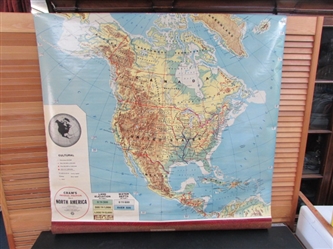 VINTAGE CRAMS PULL-DOWN PHYSICAL-POLITICAL MAP OF NORTH AMERICA