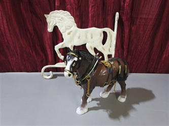 CAST IRON HORSE HANGER & COLLECTIBLE CLYDESDALE FIGURINE