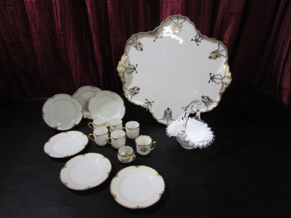 HAVILAND DEMITASSE CUPS, DESSERT PLATES, BLOWN GLASS RUFFLED EDGE BASKET & MORE