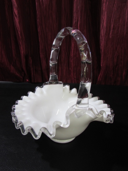 HAVILAND DEMITASSE CUPS, DESSERT PLATES, BLOWN GLASS RUFFLED EDGE BASKET & MORE