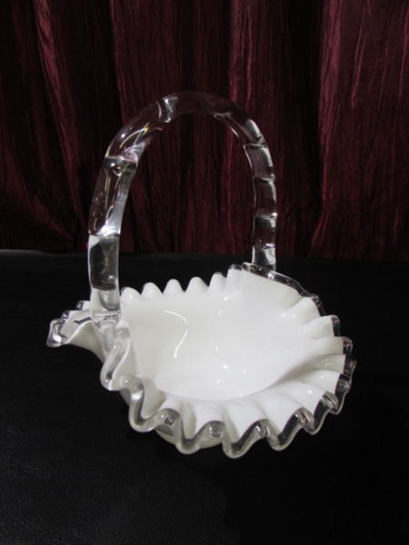 HAVILAND DEMITASSE CUPS, DESSERT PLATES, BLOWN GLASS RUFFLED EDGE BASKET & MORE