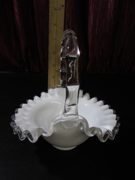 HAVILAND DEMITASSE CUPS, DESSERT PLATES, BLOWN GLASS RUFFLED EDGE BASKET & MORE