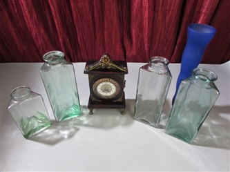 VINTAGE GLASS VASES & A CLOCK