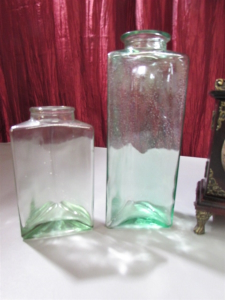 VINTAGE GLASS VASES & A CLOCK