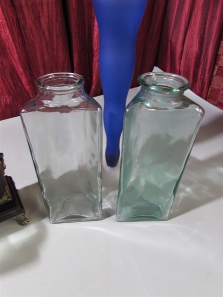 VINTAGE GLASS VASES & A CLOCK