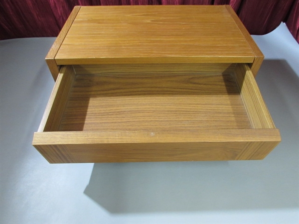 TWO WOOD SHELVES/DRAWERS