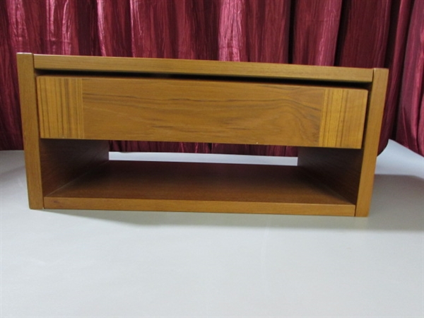 TWO WOOD SHELVES/DRAWERS