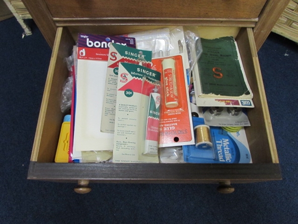 SMALL TABLE W/ DRAWERS FULL OF SEWING SUPPLIES