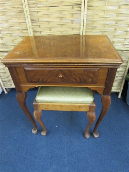 VINTAGE SEWING MACHINE CABINET & STORAGE STOOL