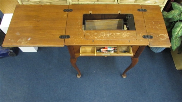 VINTAGE SEWING MACHINE CABINET & STORAGE STOOL