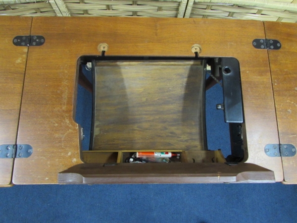 VINTAGE SEWING MACHINE CABINET & STORAGE STOOL