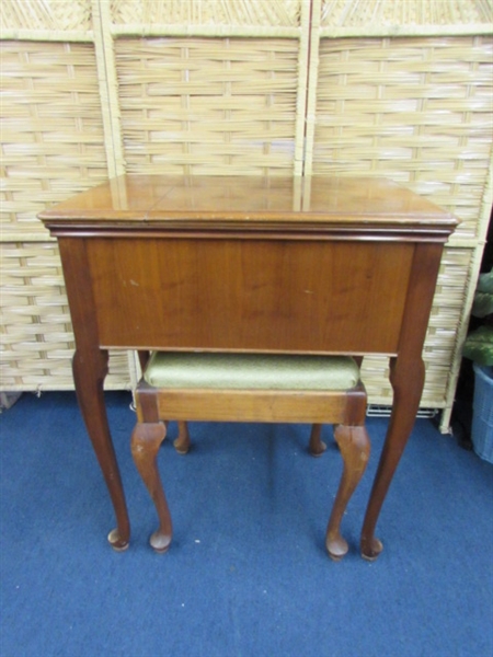 VINTAGE SEWING MACHINE CABINET & STORAGE STOOL