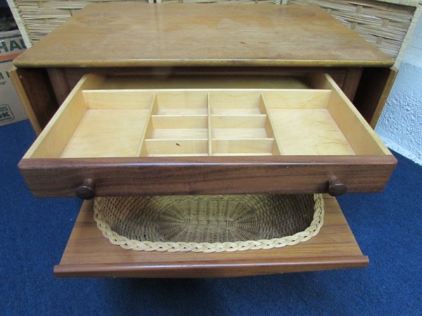 VINTAGE DROP LEAF SIDE TABLE WITH STORAGE