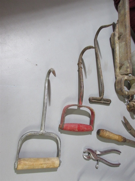 SMALL SICKLE, OIL CANS HAY HOOKS & MORE