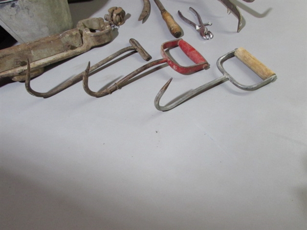 SMALL SICKLE, OIL CANS HAY HOOKS & MORE