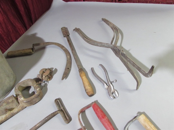 SMALL SICKLE, OIL CANS HAY HOOKS & MORE