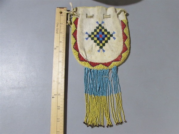 AMERICAN INDIAN PAPAGO BASKET & BEADED LEATHER POUCH