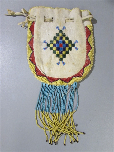 AMERICAN INDIAN PAPAGO BASKET & BEADED LEATHER POUCH