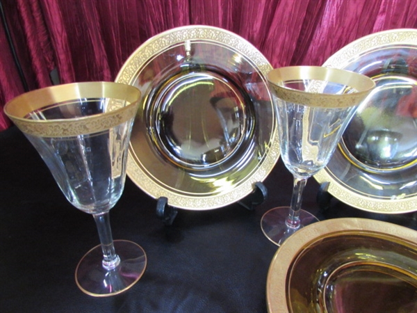 ELEGANT GOLD TRIMMED PLATES & STEMWARE