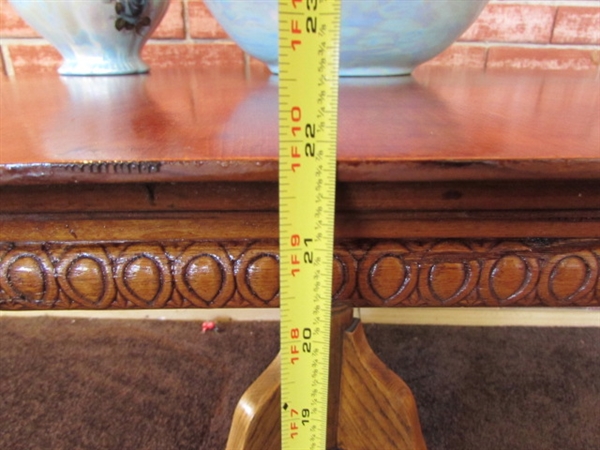 ANTIQUE OAK HEXAGON TABLE WITH ADJUSTABLE HEIGHT & CERAMIC PITCHER & BOWL