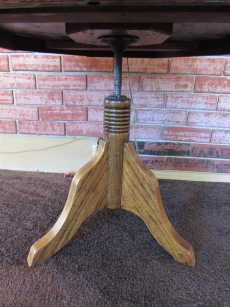 ANTIQUE OAK HEXAGON TABLE WITH ADJUSTABLE HEIGHT & CERAMIC PITCHER & BOWL