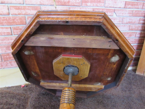 ANTIQUE OAK HEXAGON TABLE WITH ADJUSTABLE HEIGHT & CERAMIC PITCHER & BOWL