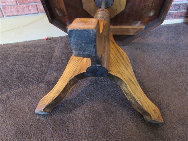 ANTIQUE OAK HEXAGON TABLE WITH ADJUSTABLE HEIGHT & CERAMIC PITCHER & BOWL