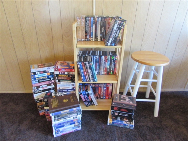 SMALL FOLDING SHELF UNIT, WOOD STOOL & OVER 130 VHS & DVD MOVIES