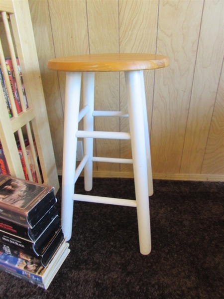 SMALL FOLDING SHELF UNIT, WOOD STOOL & OVER 130 VHS & DVD MOVIES