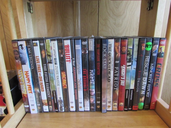 SMALL FOLDING SHELF UNIT, WOOD STOOL & OVER 130 VHS & DVD MOVIES