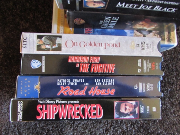 SMALL FOLDING SHELF UNIT, WOOD STOOL & OVER 130 VHS & DVD MOVIES
