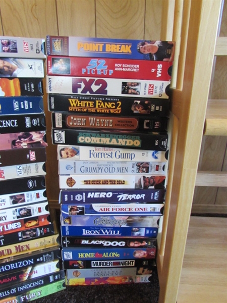 SMALL FOLDING SHELF UNIT, WOOD STOOL & OVER 130 VHS & DVD MOVIES