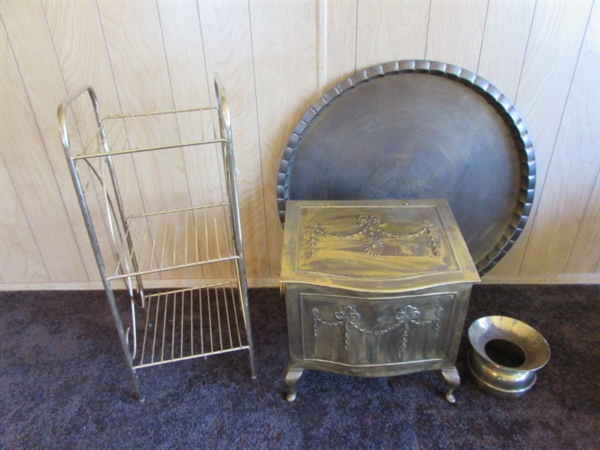 VERY LARGE BRASS TRAY, BRASS KINDLING/COAL HOLDER, SPITTOON & SMALL GOLD TONE SHELF