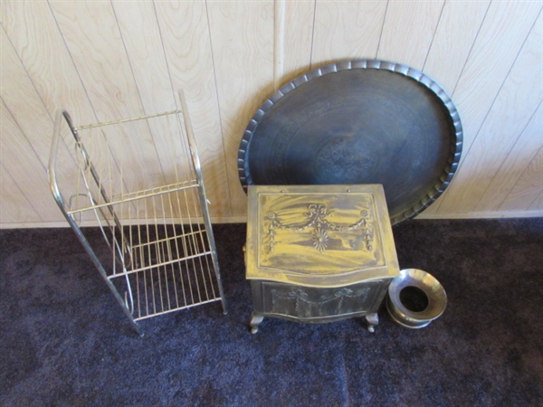 VERY LARGE BRASS TRAY, BRASS KINDLING/COAL HOLDER, SPITTOON & SMALL GOLD TONE SHELF