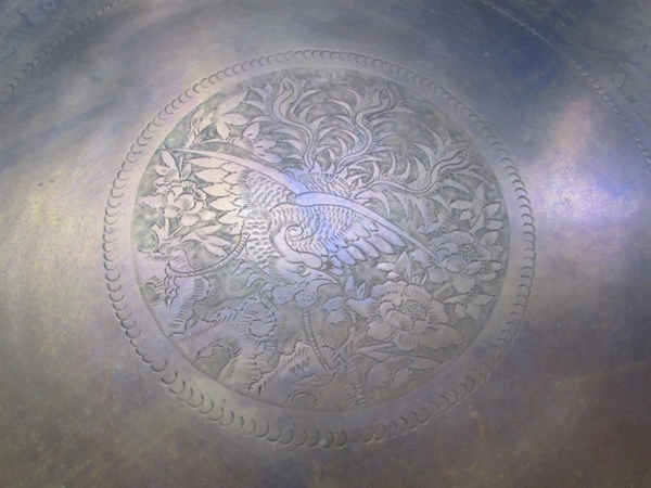 VERY LARGE BRASS TRAY, BRASS KINDLING/COAL HOLDER, SPITTOON & SMALL GOLD TONE SHELF