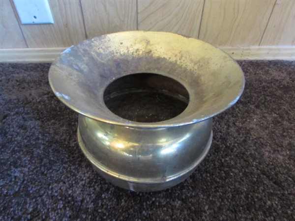 VERY LARGE BRASS TRAY, BRASS KINDLING/COAL HOLDER, SPITTOON & SMALL GOLD TONE SHELF