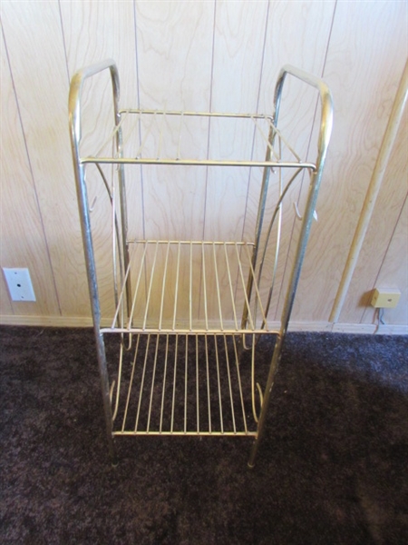 VERY LARGE BRASS TRAY, BRASS KINDLING/COAL HOLDER, SPITTOON & SMALL GOLD TONE SHELF