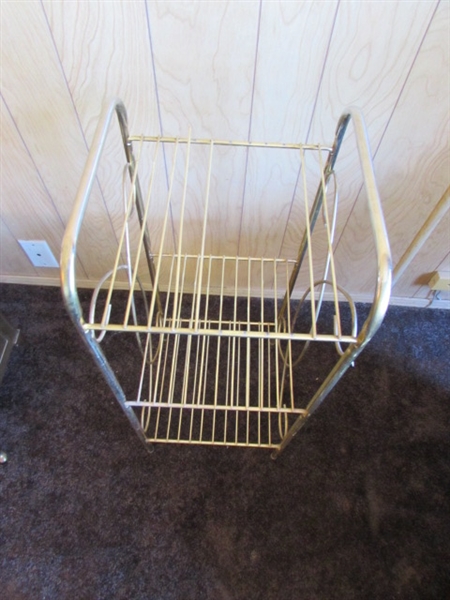 VERY LARGE BRASS TRAY, BRASS KINDLING/COAL HOLDER, SPITTOON & SMALL GOLD TONE SHELF