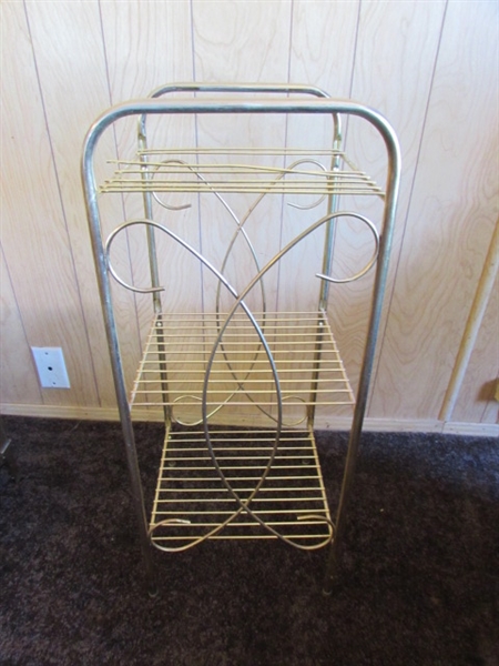 VERY LARGE BRASS TRAY, BRASS KINDLING/COAL HOLDER, SPITTOON & SMALL GOLD TONE SHELF