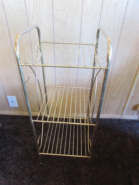 VERY LARGE BRASS TRAY, BRASS KINDLING/COAL HOLDER, SPITTOON & SMALL GOLD TONE SHELF
