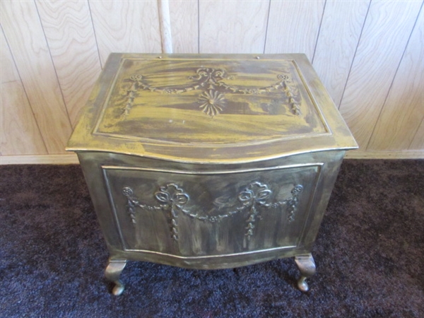 VERY LARGE BRASS TRAY, BRASS KINDLING/COAL HOLDER, SPITTOON & SMALL GOLD TONE SHELF