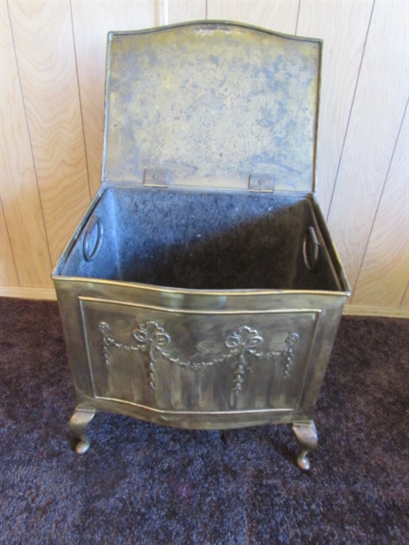 VERY LARGE BRASS TRAY, BRASS KINDLING/COAL HOLDER, SPITTOON & SMALL GOLD TONE SHELF