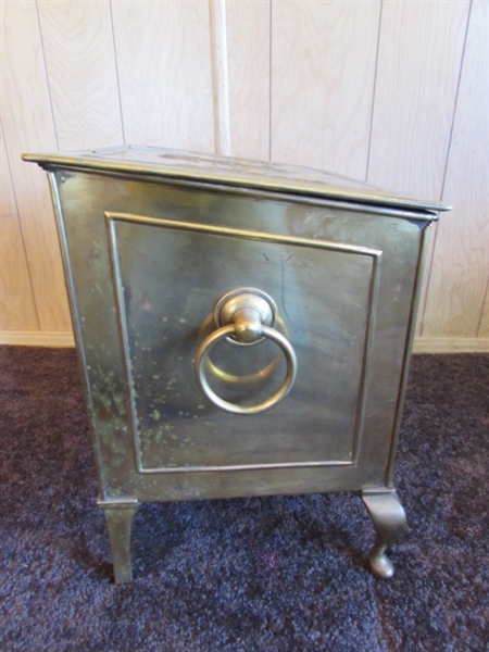 VERY LARGE BRASS TRAY, BRASS KINDLING/COAL HOLDER, SPITTOON & SMALL GOLD TONE SHELF