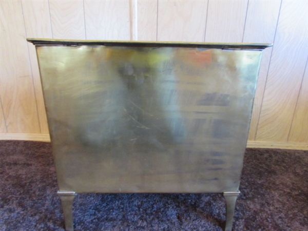 VERY LARGE BRASS TRAY, BRASS KINDLING/COAL HOLDER, SPITTOON & SMALL GOLD TONE SHELF