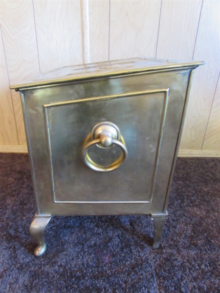 VERY LARGE BRASS TRAY, BRASS KINDLING/COAL HOLDER, SPITTOON & SMALL GOLD TONE SHELF